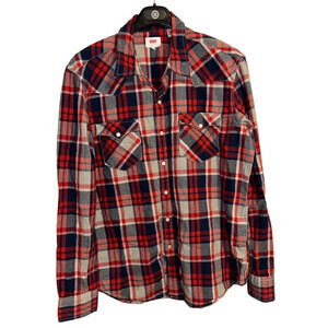 Levi’s Western Shirt Plaid Button Up Trucker Pearl Snap Boyfriend Top Sz L